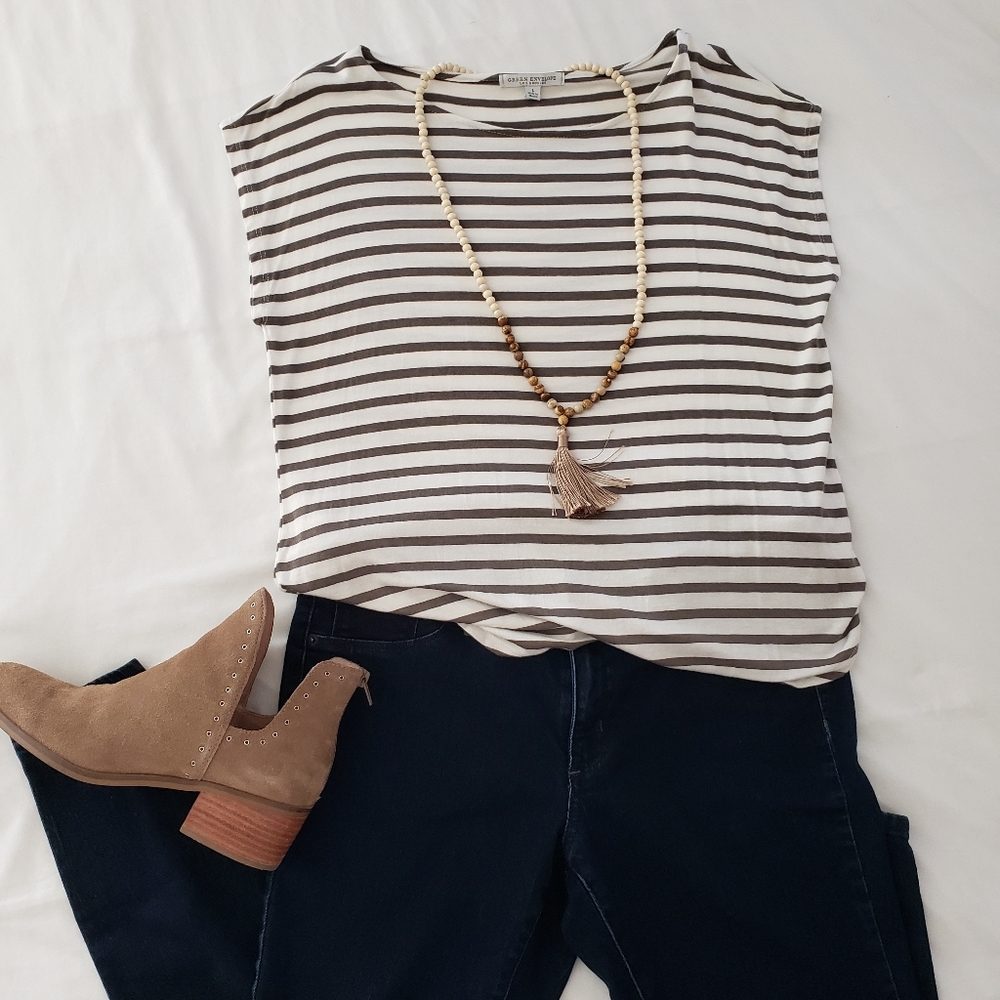 Boatneck tee - olive / brown and cream stripes